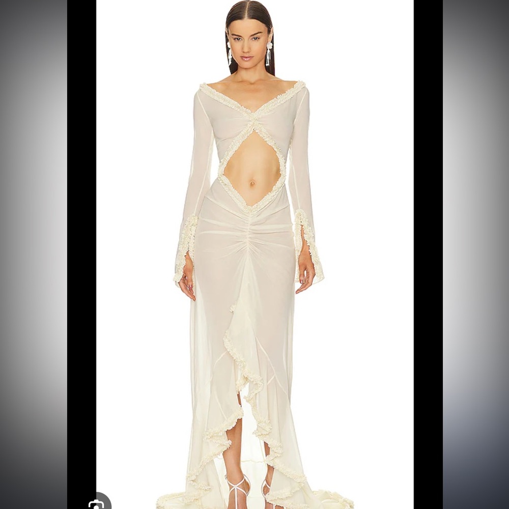 Sheer Ivory Long-Sleeve Cutout Maxi Dress